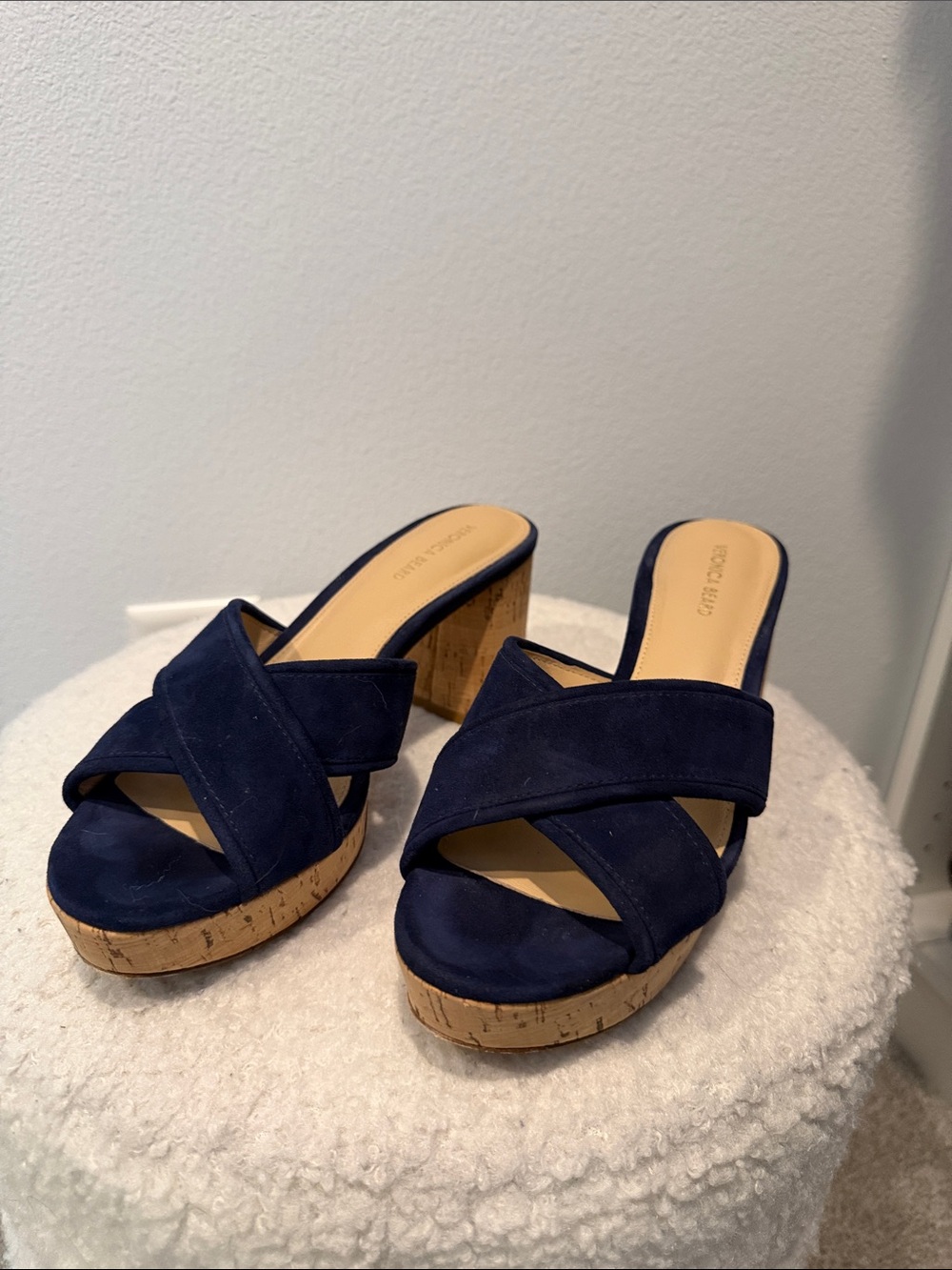 Veronica Beard Navy Suede Cork Platform Mules